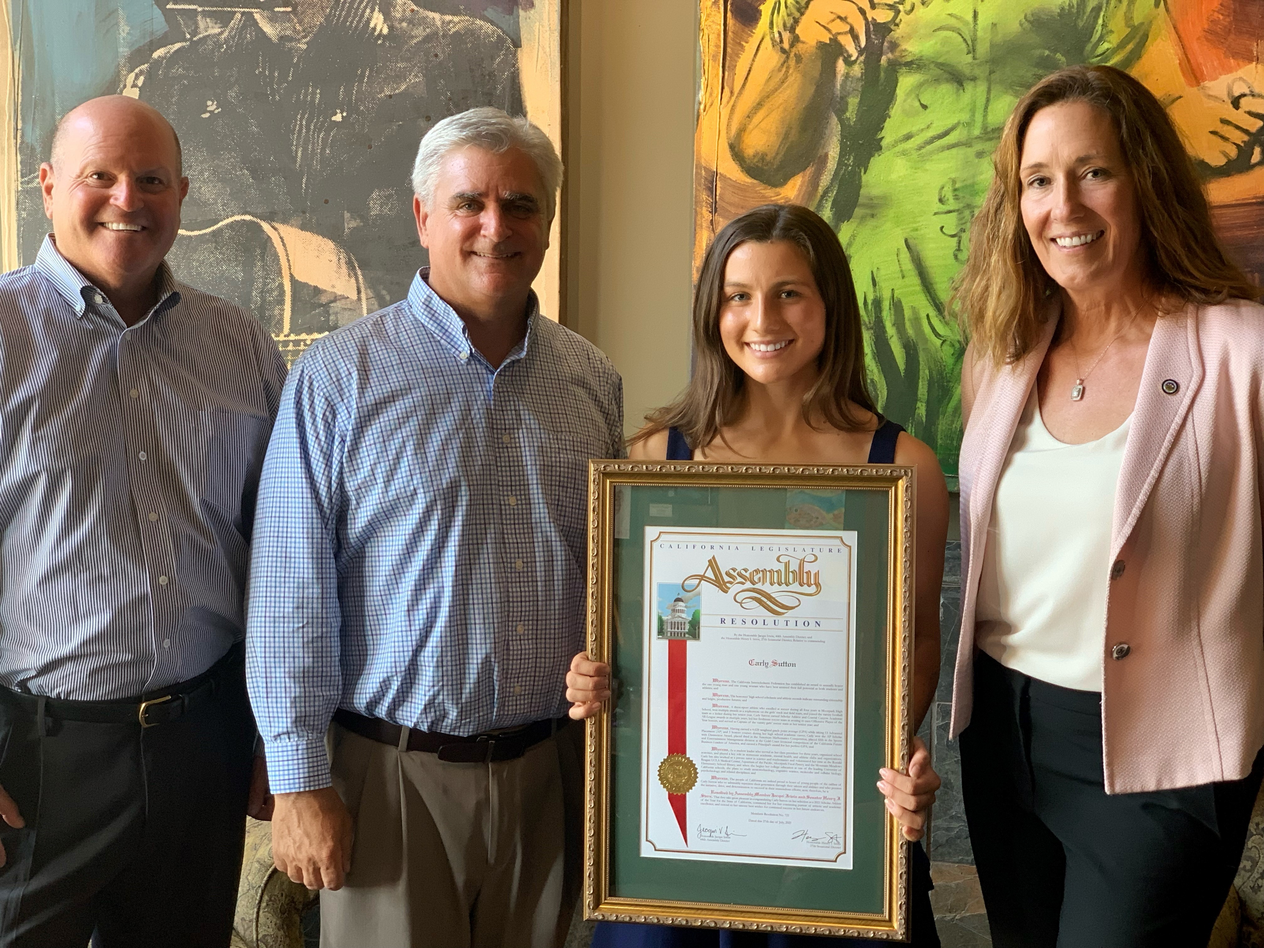 Assemblymember Jacqui Irwin presenting a Joint Resolution of the California Legislature to Carly Sutton, one of two 2021 CIF Scholar-Athletes of the Year.
