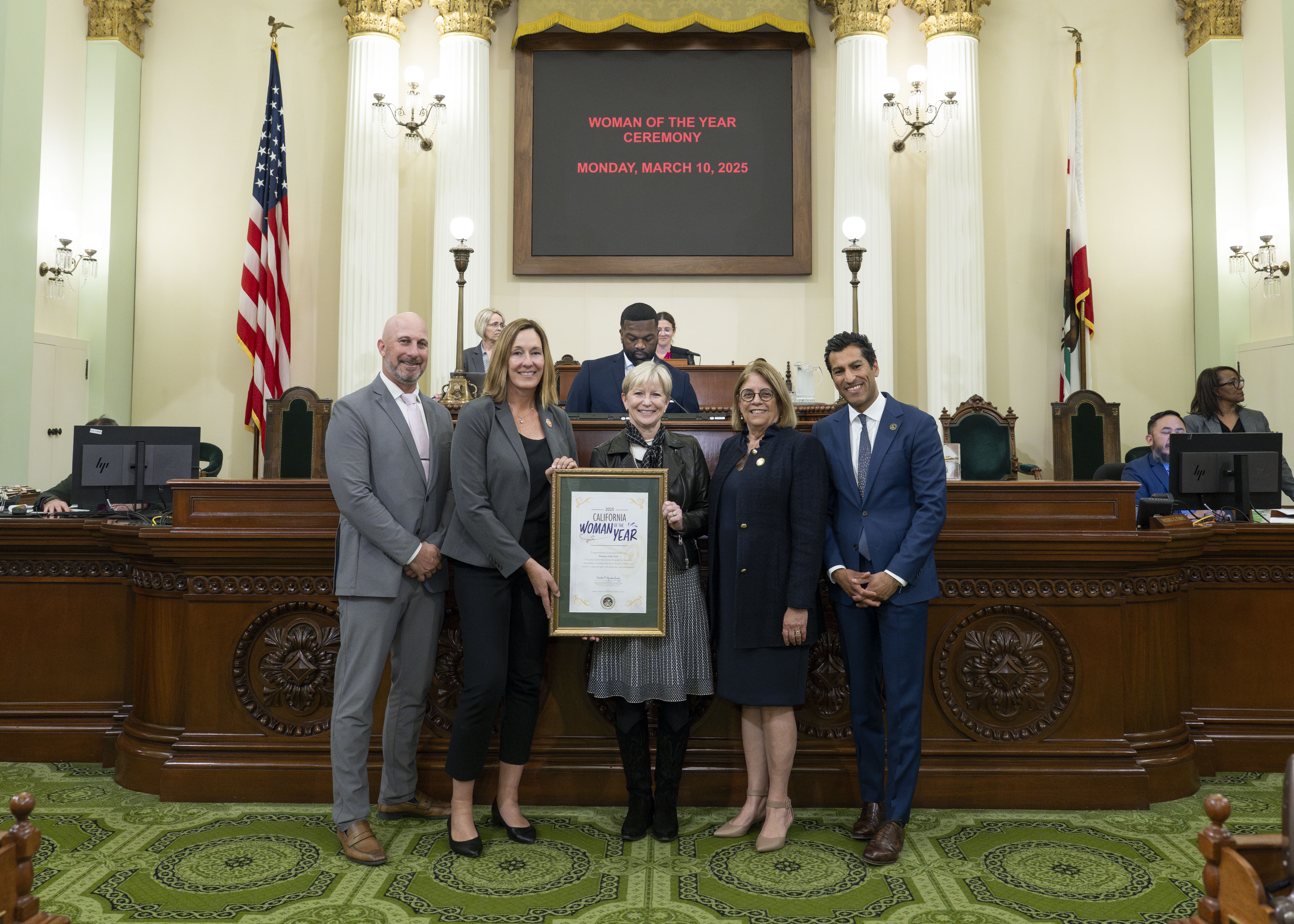 2025 Woman of the Year Dianne McKay with Assemblymember Irwin, Speaker Rivas and Assemblymembers Aguiar-Curry and Flora