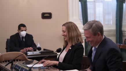 Asm. Irwin and DA Nasarenko sharing a light moment with the committee