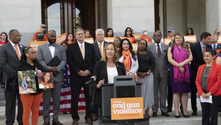 Asm. Irwin at podium, speaking, with fellow legislators and demonstrators in background