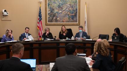 Asm. Irwin speaking to committee hearing attendees