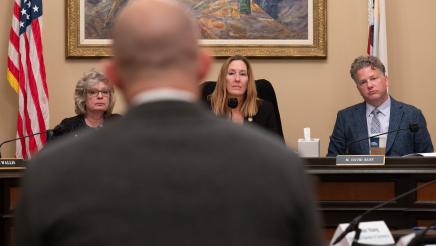 Asm. Irwin listens on as guest provides testimony; guest in foreground