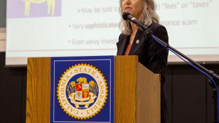 Guest speaker at podium, speaking, with large screen in background