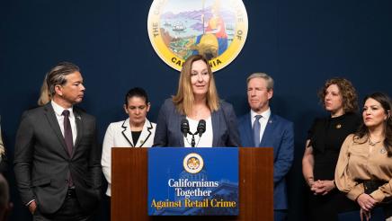Asm. Irwin at podium, speaking, with other legislators standing in support