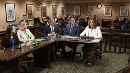 Asm. Irwin providing testimony while witnesses listen on, with audience in background