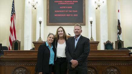 Asm. Irwin with Katie's Save representatives on the Assembly Floor