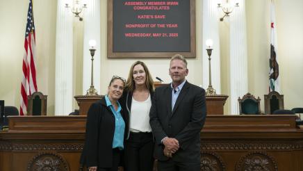 Asm. Irwin with Katie's Save representatives on the Assembly Floor