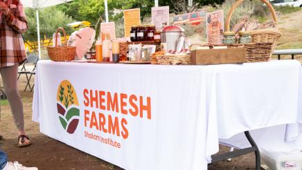 Varied food products on top of Shemesh Farms table